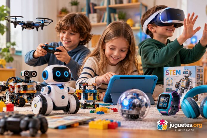 Niños explorando juguetes tecnológicos STEM